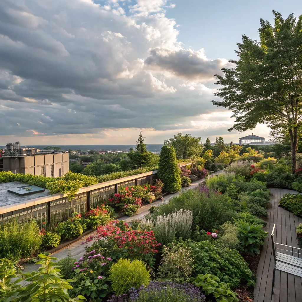 A lush rooftop garden with vibrant greenery