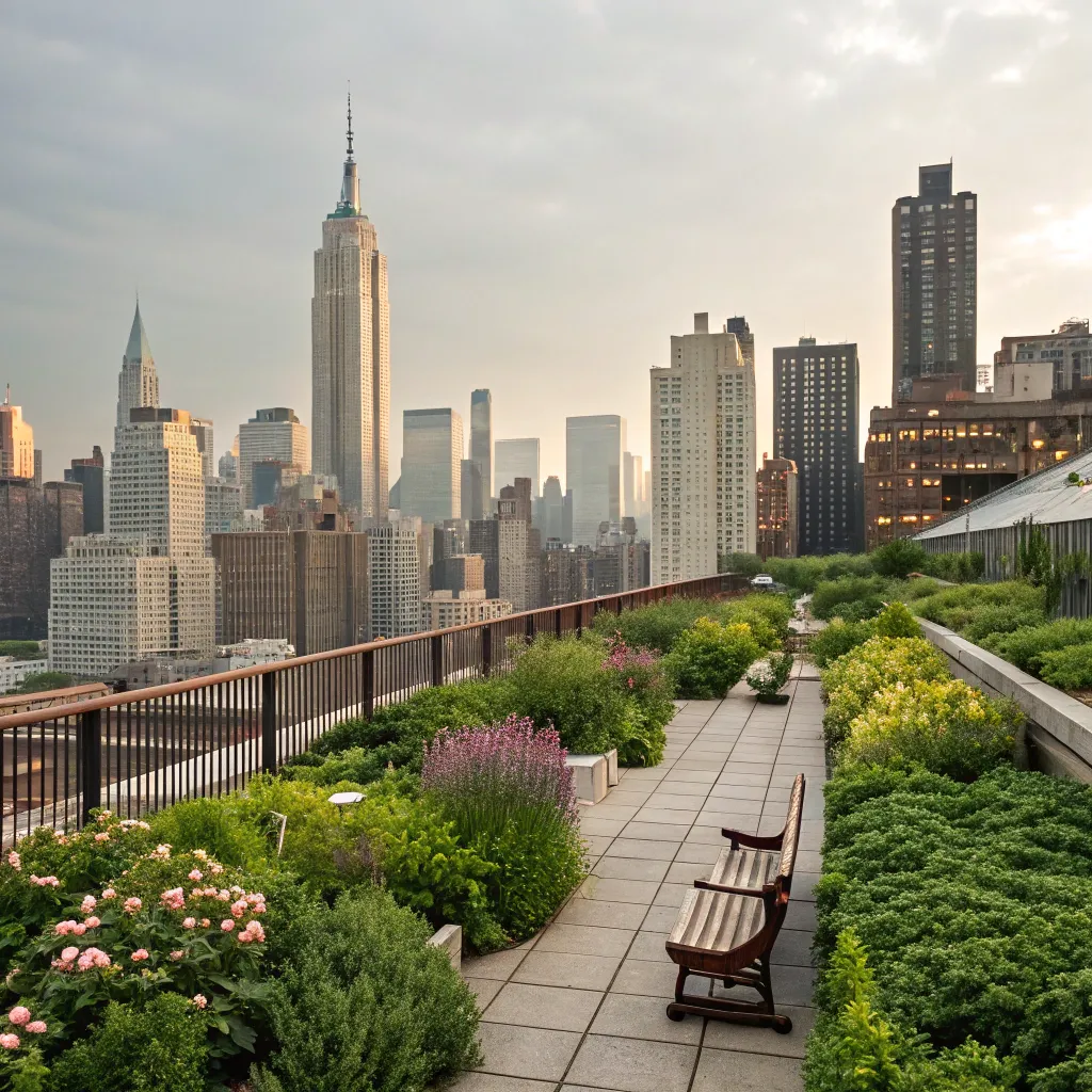 Cityscape view with rooftop garden